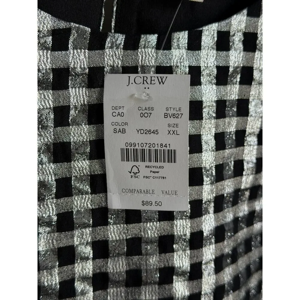 J. Crew Metallic Gingham Puff-Sleeve Blouse Top Black White Womens Size XXL NWT